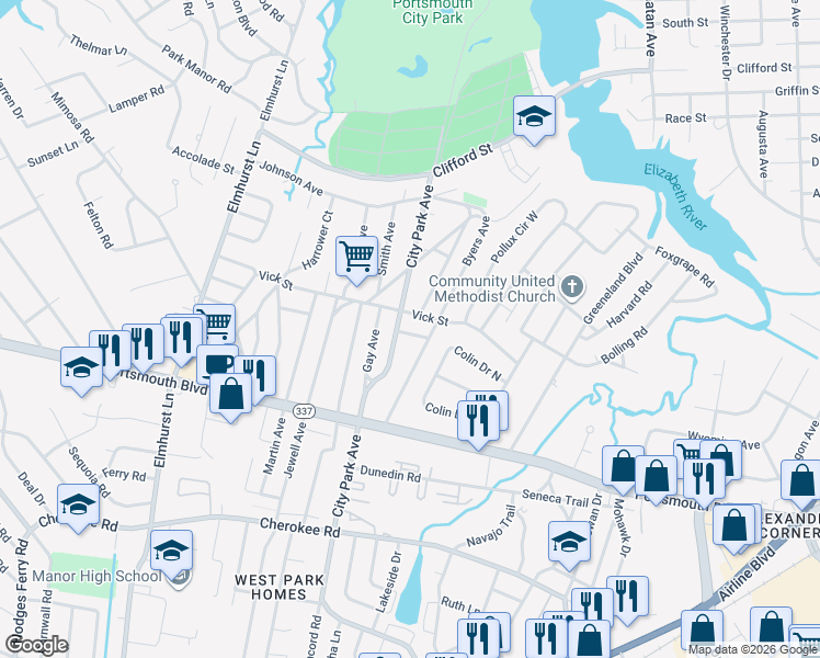 map of restaurants, bars, coffee shops, grocery stores, and more near 5006 Vick Street in Portsmouth