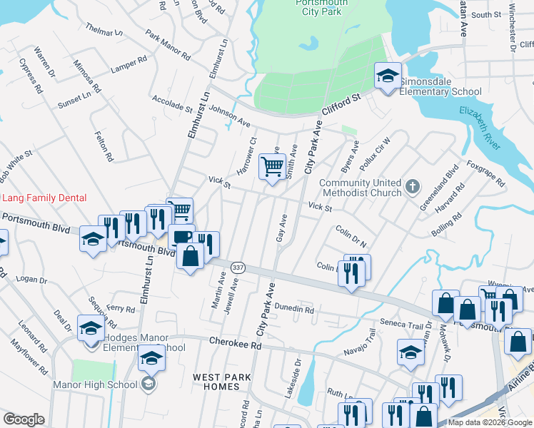 map of restaurants, bars, coffee shops, grocery stores, and more near 805 Jewell Avenue in Portsmouth