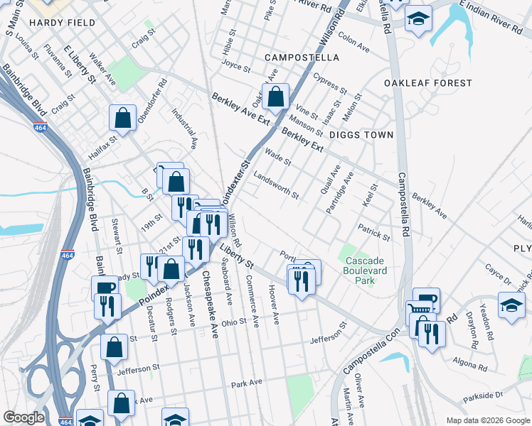 map of restaurants, bars, coffee shops, grocery stores, and more near 5236 Wilson Road in Chesapeake