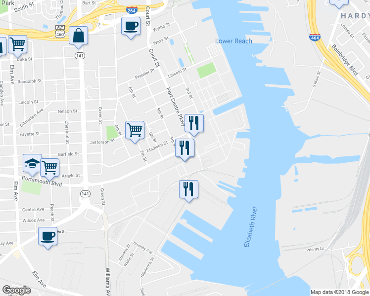 map of restaurants, bars, coffee shops, grocery stores, and more near 424 Portsmouth Boulevard in Portsmouth