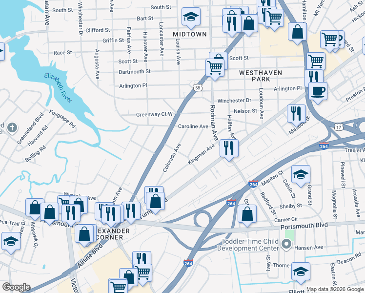map of restaurants, bars, coffee shops, grocery stores, and more near 2012 Colorado Avenue in Portsmouth