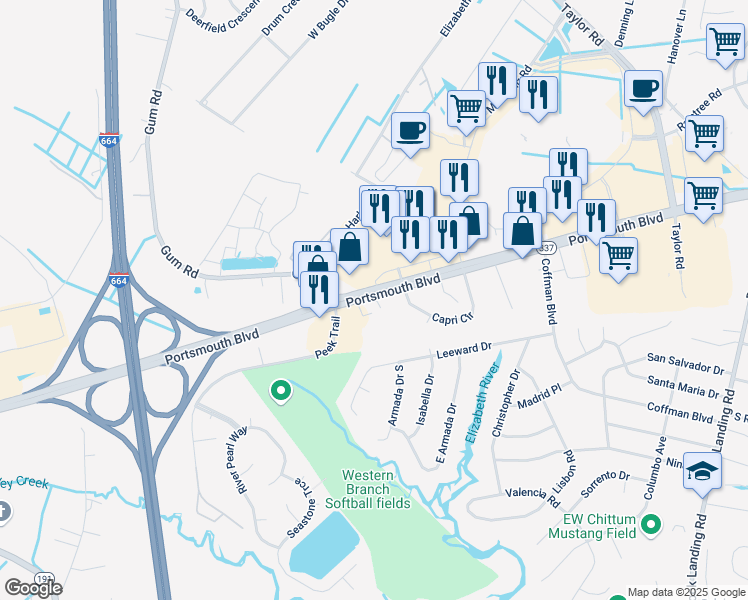 map of restaurants, bars, coffee shops, grocery stores, and more near 2448 Whitman Street in Chesapeake