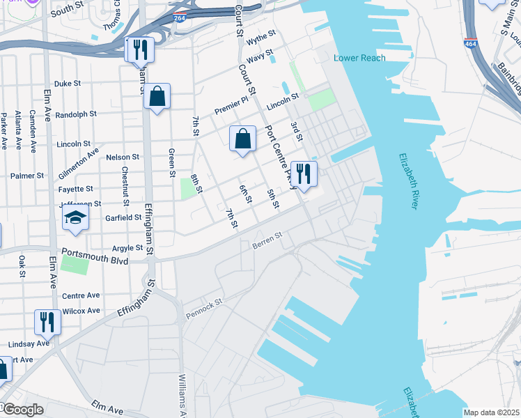 map of restaurants, bars, coffee shops, grocery stores, and more near 519 Madison Street in Portsmouth