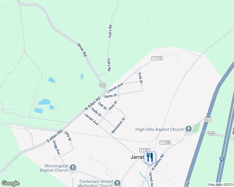 map of restaurants, bars, coffee shops, grocery stores, and more near 216 Batte Street in Jarratt