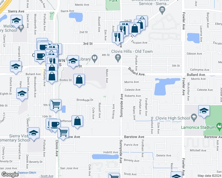 map of restaurants, bars, coffee shops, grocery stores, and more near 703 Music Avenue in Clovis