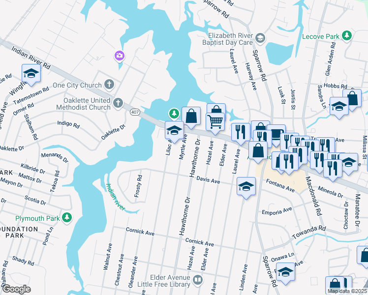 map of restaurants, bars, coffee shops, grocery stores, and more near 1118 Myrtle Ave in Chesapeake