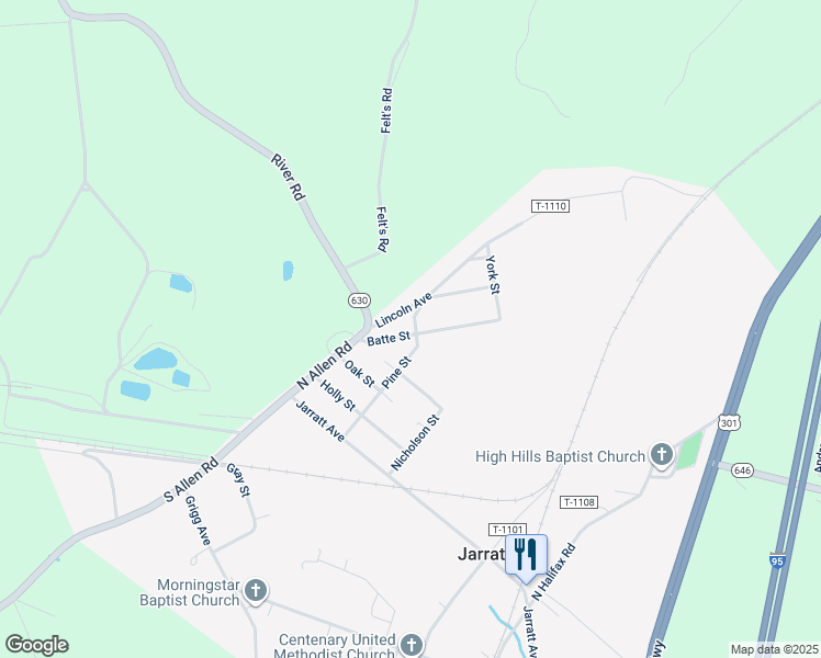 map of restaurants, bars, coffee shops, grocery stores, and more near 216 Batte Street in Jarratt