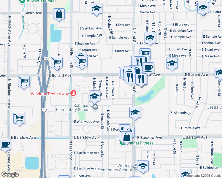 map of restaurants, bars, coffee shops, grocery stores, and more near 5707 North Orchard Street in Fresno