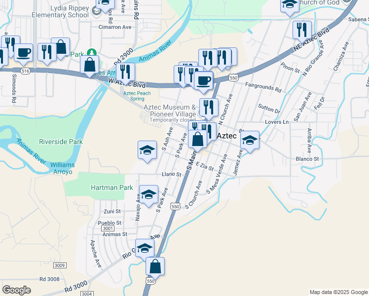 map of restaurants, bars, coffee shops, grocery stores, and more near 202 Park Avenue in Aztec