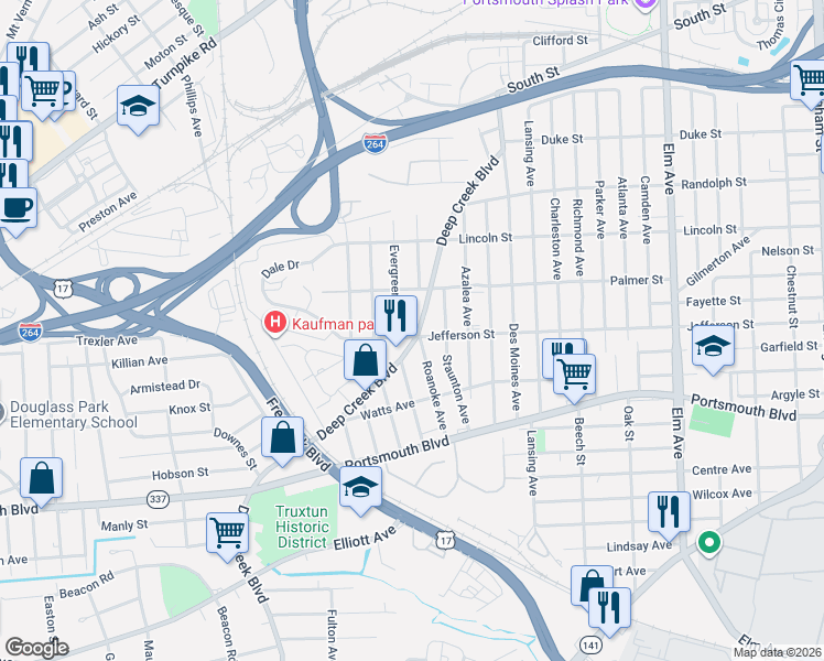 map of restaurants, bars, coffee shops, grocery stores, and more near 2115 Evergreen Place in Portsmouth