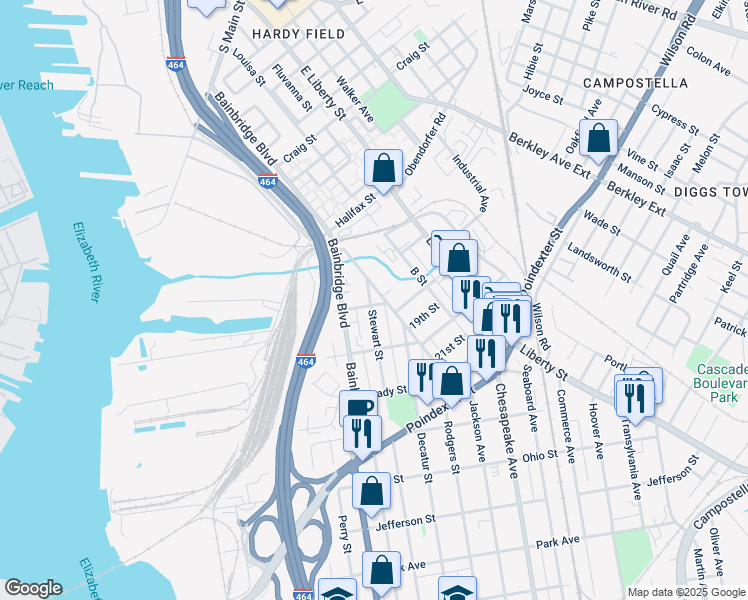 map of restaurants, bars, coffee shops, grocery stores, and more near 1001 Butt Street in Chesapeake