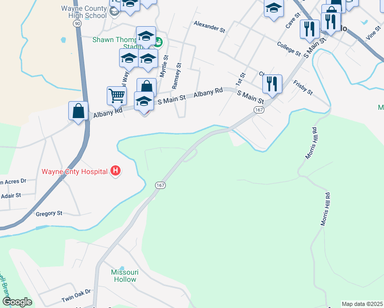 map of restaurants, bars, coffee shops, grocery stores, and more near Creek View Sub Road in Monticello