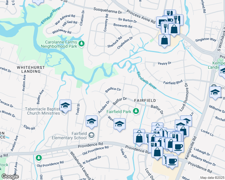 map of restaurants, bars, coffee shops, grocery stores, and more near 5340 Basilica Circle in Virginia Beach