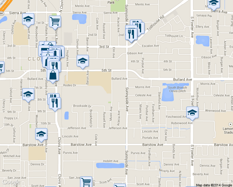 map of restaurants, bars, coffee shops, grocery stores, and more near 645 Music Avenue in Clovis