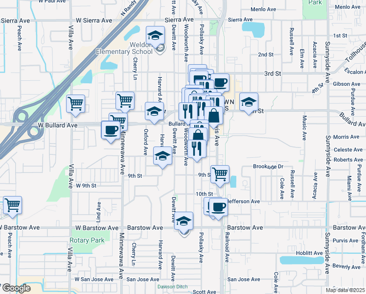 map of restaurants, bars, coffee shops, grocery stores, and more near 705 Woodworth Avenue in Clovis