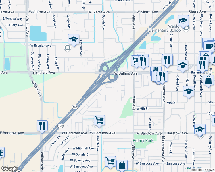 map of restaurants, bars, coffee shops, grocery stores, and more near 700 Bush Avenue in Clovis