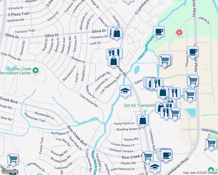 map of restaurants, bars, coffee shops, grocery stores, and more near 425 Lee Highlands Boulevard in Virginia Beach