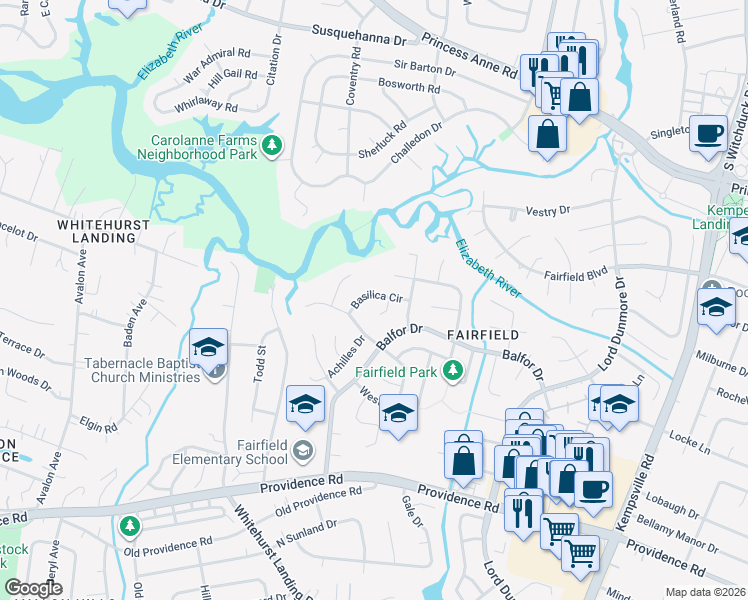 map of restaurants, bars, coffee shops, grocery stores, and more near 5340 Basilica Circle in Virginia Beach