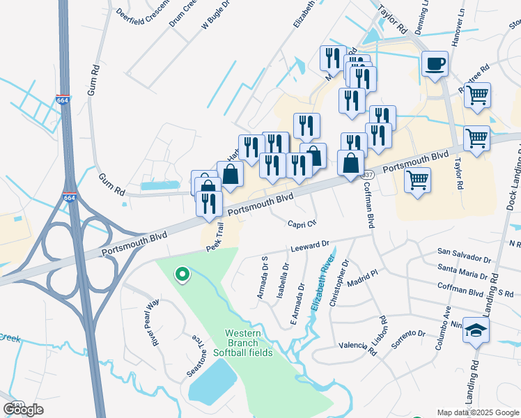 map of restaurants, bars, coffee shops, grocery stores, and more near 4405 Portsmouth Boulevard in Chesapeake