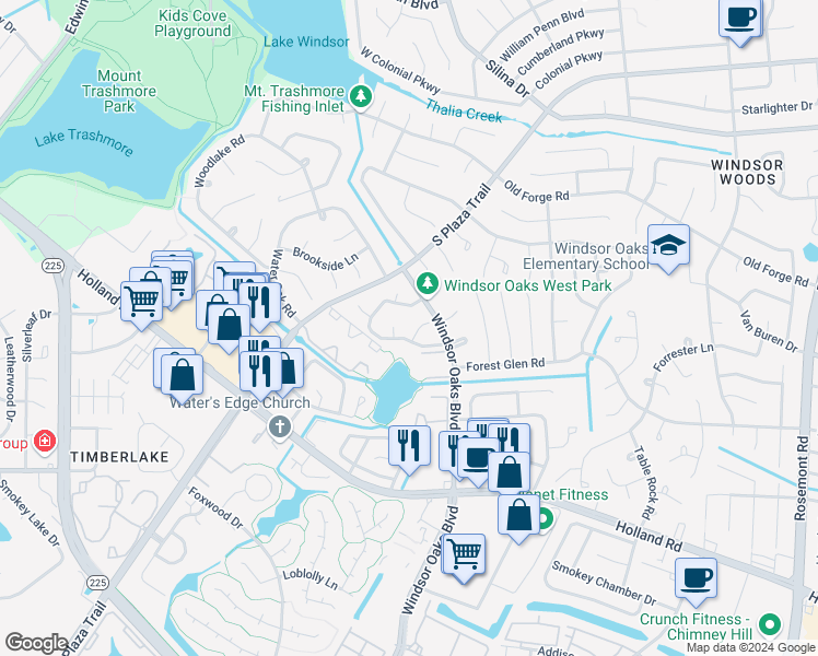 map of restaurants, bars, coffee shops, grocery stores, and more near 618 Windsor Lake Place in Virginia Beach