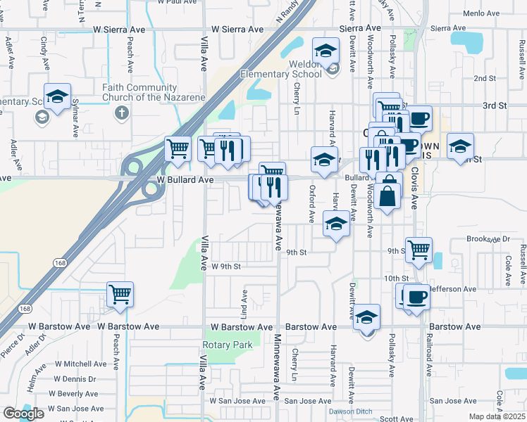 map of restaurants, bars, coffee shops, grocery stores, and more near 80 West Bullard Avenue in Clovis