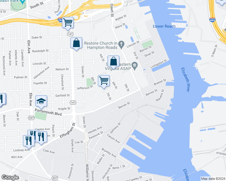 map of restaurants, bars, coffee shops, grocery stores, and more near 548 Madison Street in Portsmouth