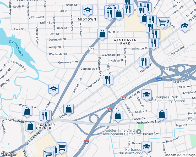 map of restaurants, bars, coffee shops, grocery stores, and more near 3704 Kingman Avenue in Portsmouth