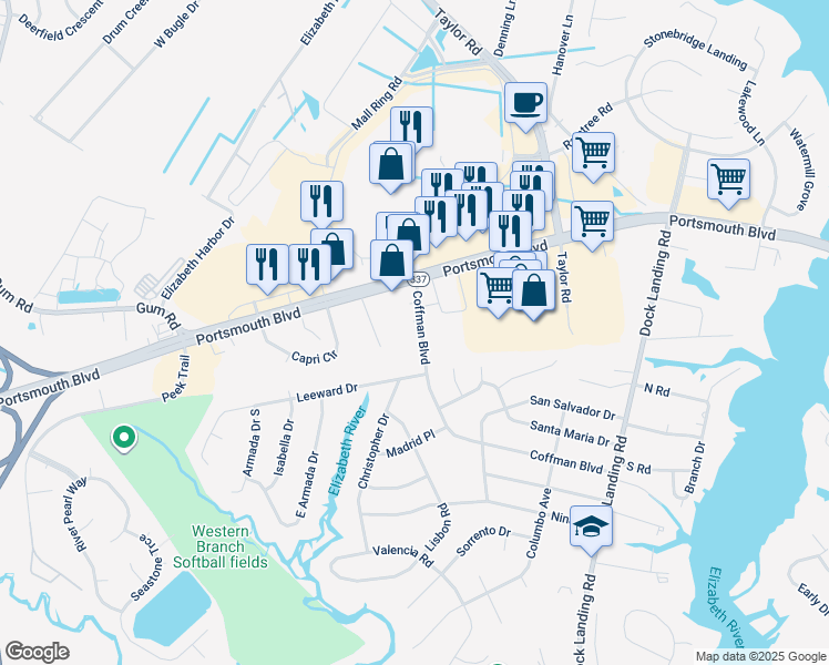 map of restaurants, bars, coffee shops, grocery stores, and more near 4321 Coffman Boulevard in Chesapeake