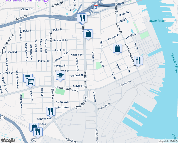 map of restaurants, bars, coffee shops, grocery stores, and more near 2224 Green Street in Portsmouth