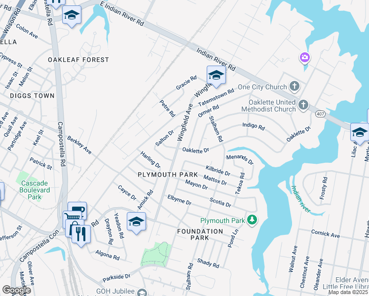 map of restaurants, bars, coffee shops, grocery stores, and more near 300 Oaklette Drive in Chesapeake
