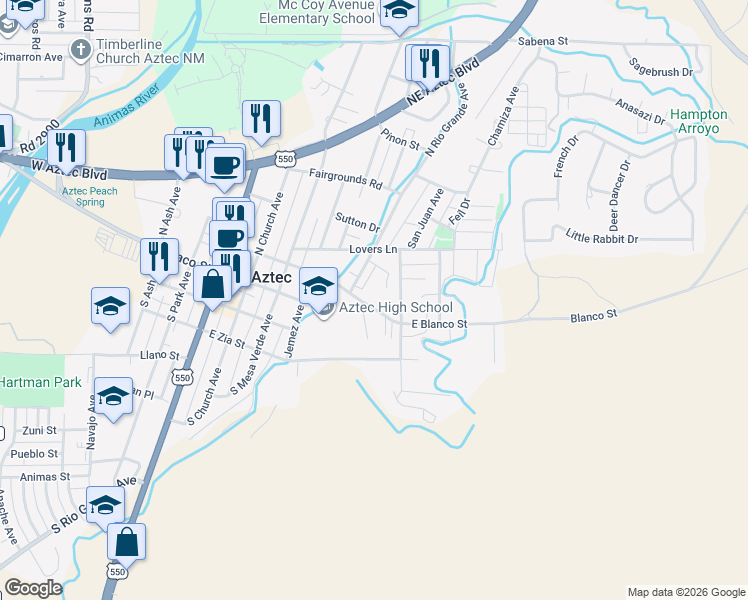 map of restaurants, bars, coffee shops, grocery stores, and more near 206 Rio Brazos Road in Aztec