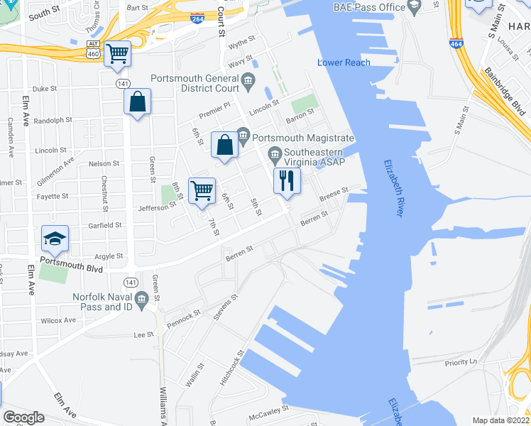 map of restaurants, bars, coffee shops, grocery stores, and more near 430 Portsmouth Boulevard in Portsmouth