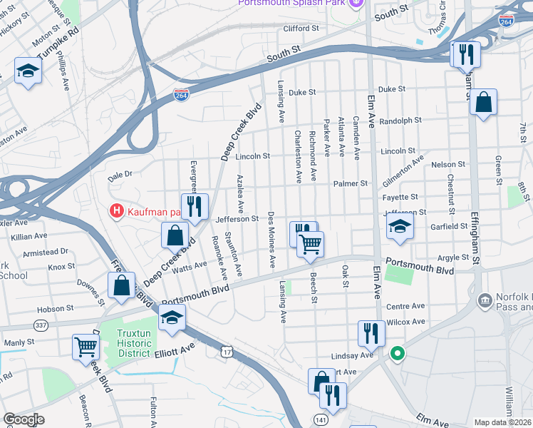 map of restaurants, bars, coffee shops, grocery stores, and more near 2119 Des Moines Avenue in Portsmouth
