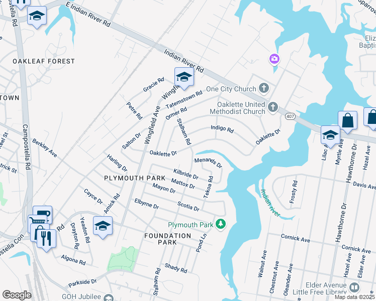 map of restaurants, bars, coffee shops, grocery stores, and more near 403 Stalham Road in Chesapeake