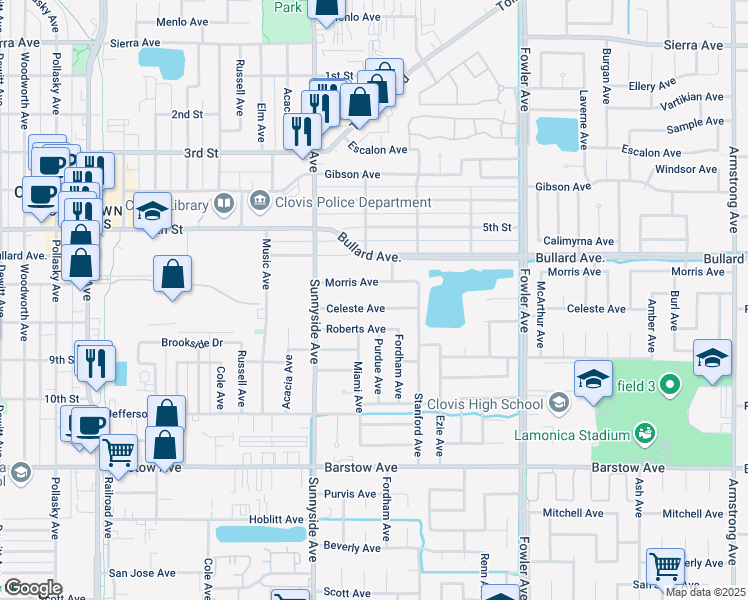 map of restaurants, bars, coffee shops, grocery stores, and more near 1532 Morris Avenue in Clovis
