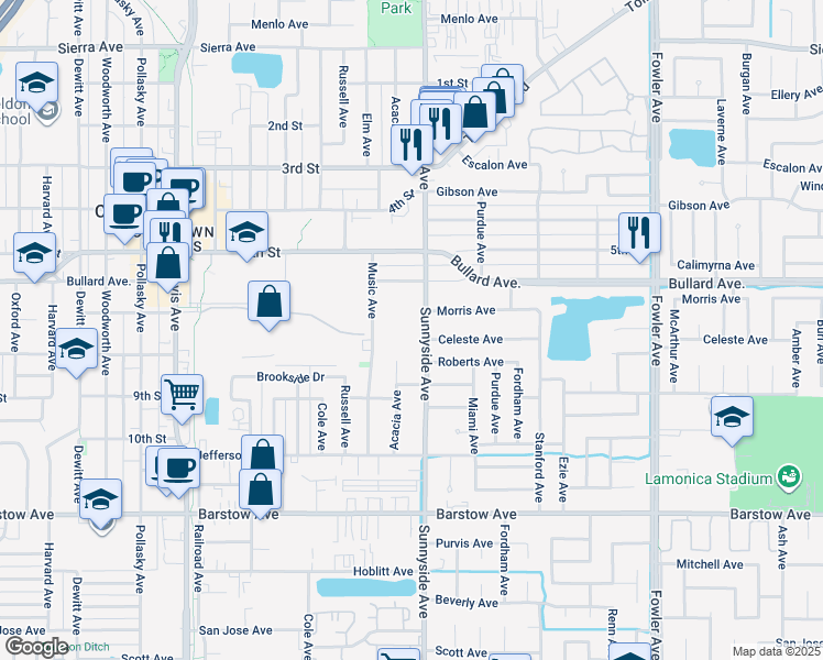 map of restaurants, bars, coffee shops, grocery stores, and more near 656 Sunnyside Avenue in Clovis