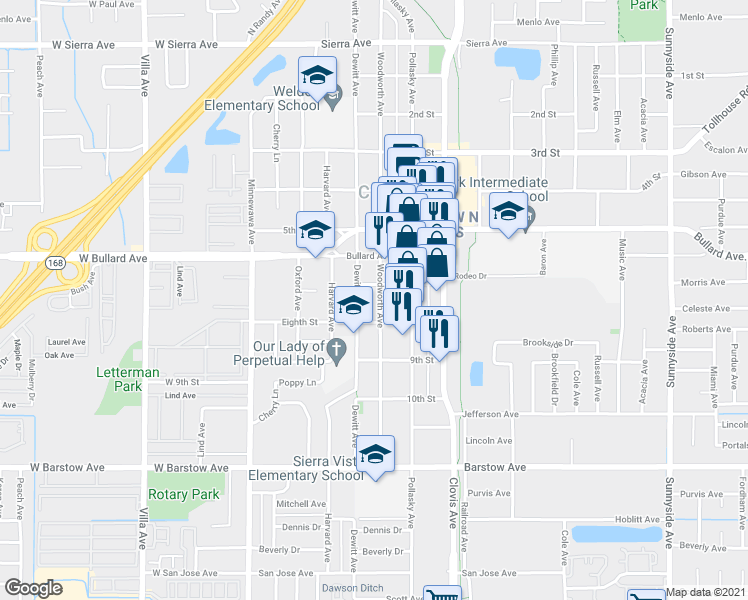 map of restaurants, bars, coffee shops, grocery stores, and more near 705 Woodworth Avenue in Clovis