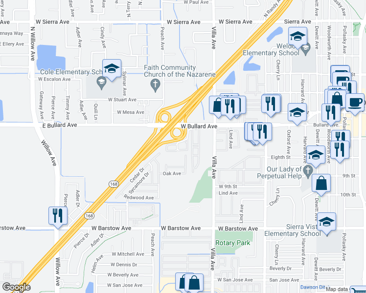 map of restaurants, bars, coffee shops, grocery stores, and more near 707 Bush Avenue in Clovis