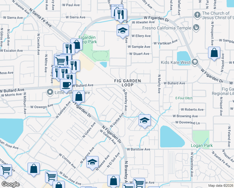map of restaurants, bars, coffee shops, grocery stores, and more near 4072 West Pear Tree Lane in Fresno