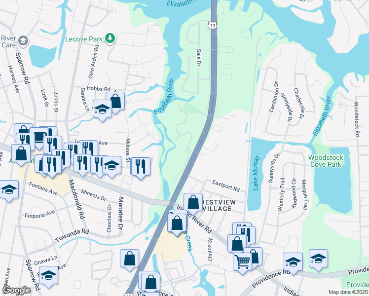 map of restaurants, bars, coffee shops, grocery stores, and more near 1001 Pebblewood Drive in Virginia Beach