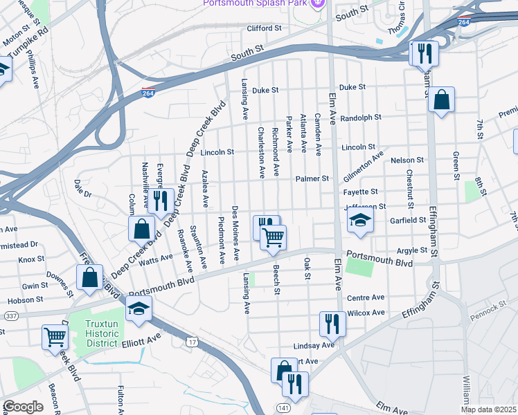 map of restaurants, bars, coffee shops, grocery stores, and more near 2216 Charleston Avenue in Portsmouth
