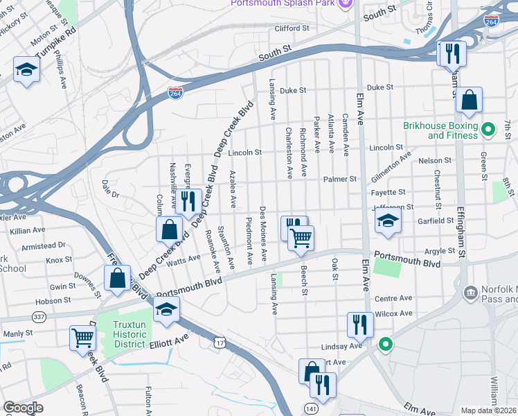 map of restaurants, bars, coffee shops, grocery stores, and more near 2119 Des Moines Avenue in Portsmouth