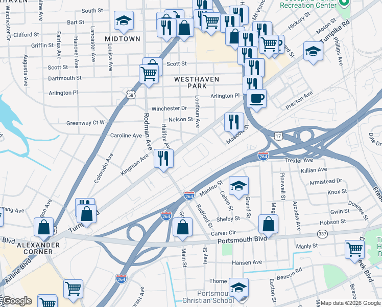 map of restaurants, bars, coffee shops, grocery stores, and more near 3402 Turnpike Road in Portsmouth