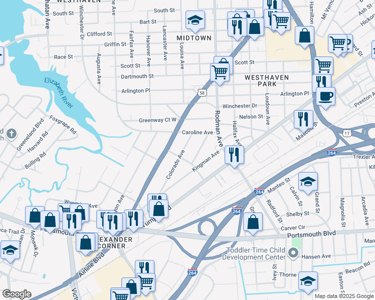 map of restaurants, bars, coffee shops, grocery stores, and more near 2012 Colorado Avenue in Portsmouth