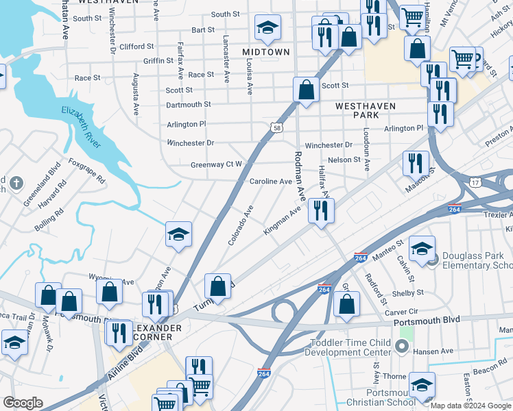 map of restaurants, bars, coffee shops, grocery stores, and more near 2017 Colorado Avenue in Portsmouth