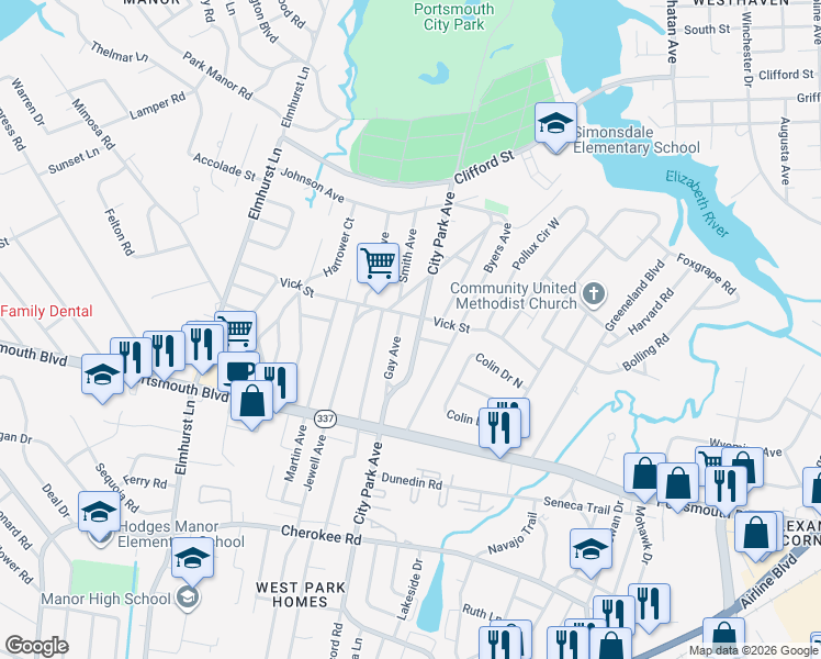 map of restaurants, bars, coffee shops, grocery stores, and more near 5020 Vick Street in Portsmouth