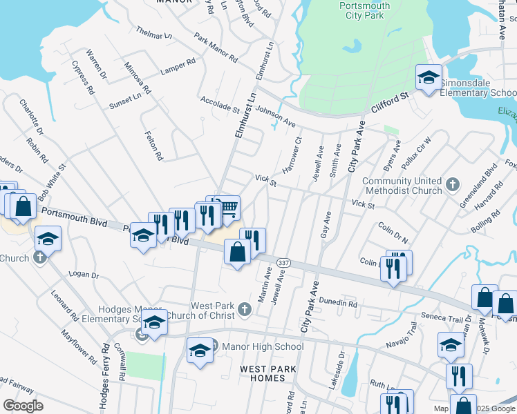map of restaurants, bars, coffee shops, grocery stores, and more near 24 Roberts Court East in Portsmouth