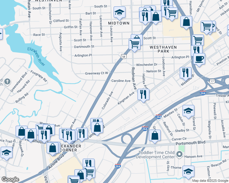 map of restaurants, bars, coffee shops, grocery stores, and more near 2012 Colorado Avenue in Portsmouth