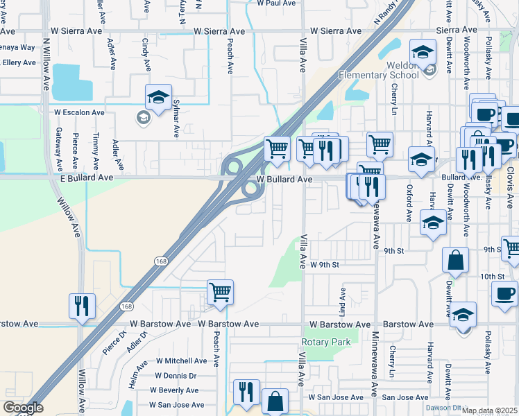 map of restaurants, bars, coffee shops, grocery stores, and more near 707 Bush Avenue in Clovis