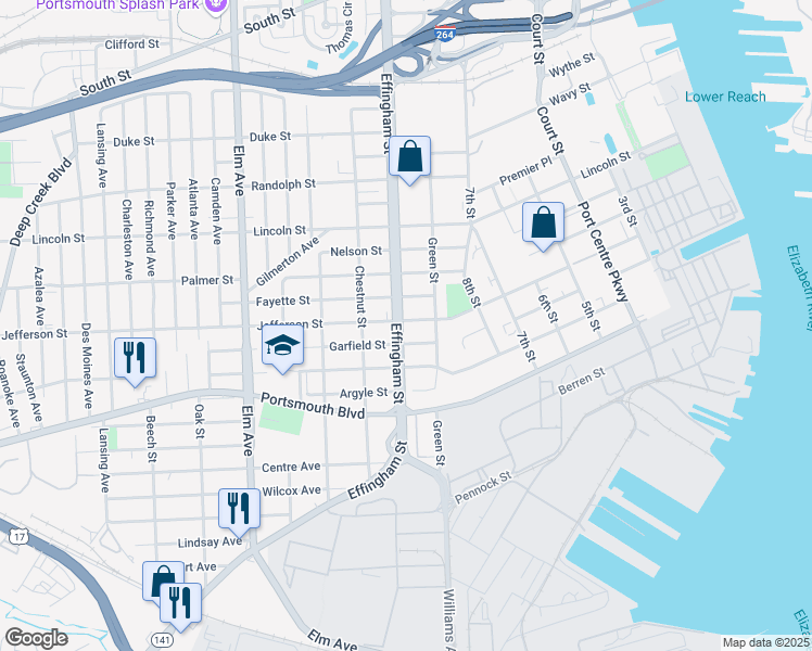 map of restaurants, bars, coffee shops, grocery stores, and more near 2301 Effingham Street in Portsmouth